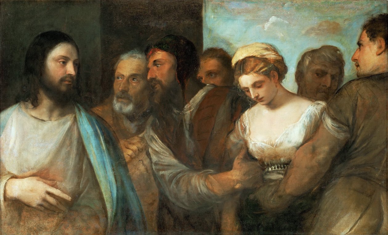 Le Christ et la femme adultere - Kristus og kvinden taget i utroskab, af Titian (1488-1576). Olie på lærred, ca. 1520. Mål : 82,5x136,5 cm. Kunsthistorisk museum, Vienne af Tiziano Vecelli
