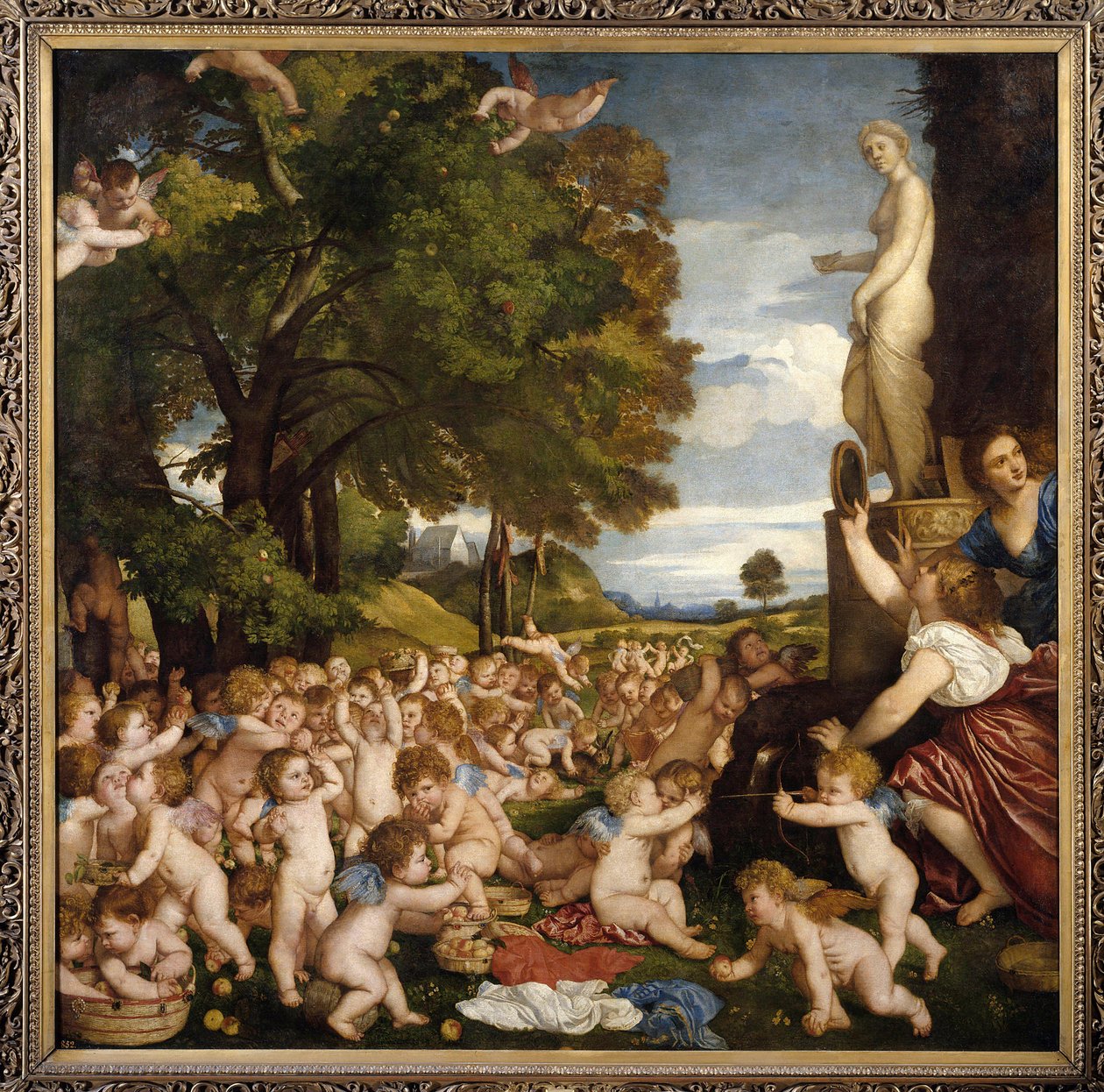 Offrande a Venus Små amours (angelots) samles for at hylde gudinden Aphrodite - Maleri af Tiziano Vecellio kaldet Titian (1485-1576) 1518 Sun. 1,72 X 1,75 m Madrid musee du Prado - Tilbedelsen af Venus - Maleri af Tiziano Vecellio kaldet Tit af Tiziano Vecelli