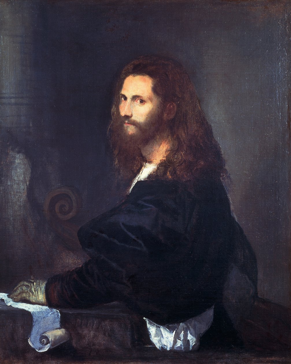 Portræt af en musiker, af Tiziano Vecellio (1490-1576), olie på lærred, 82x99 cm. af Titian (c.1488 1576)