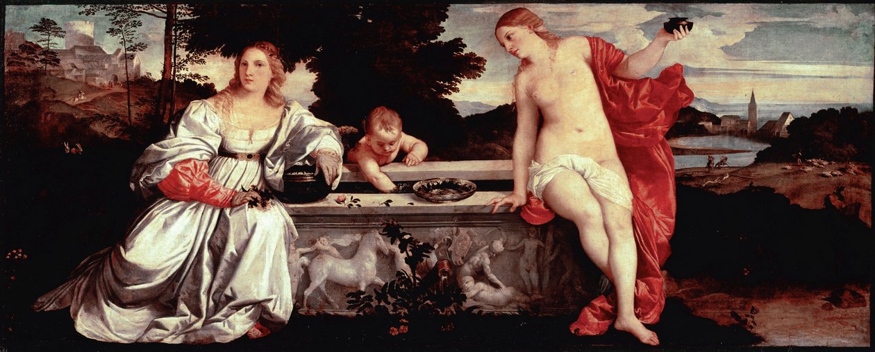 Hellig kærlighed og verdslig kærlighed Maleri af Tiziano Vecellio kaldet Titian (1490-1576) 1515 ca. Sol. 118x279 cm Rom, Galleria Borghese - Hellig og profan kærlighed - Maleri af Tiziano Vecellio, kaldet Titian (ca. 1488-1576), olie på lærred, ca. 1515 ( af Tiziano Vecelli