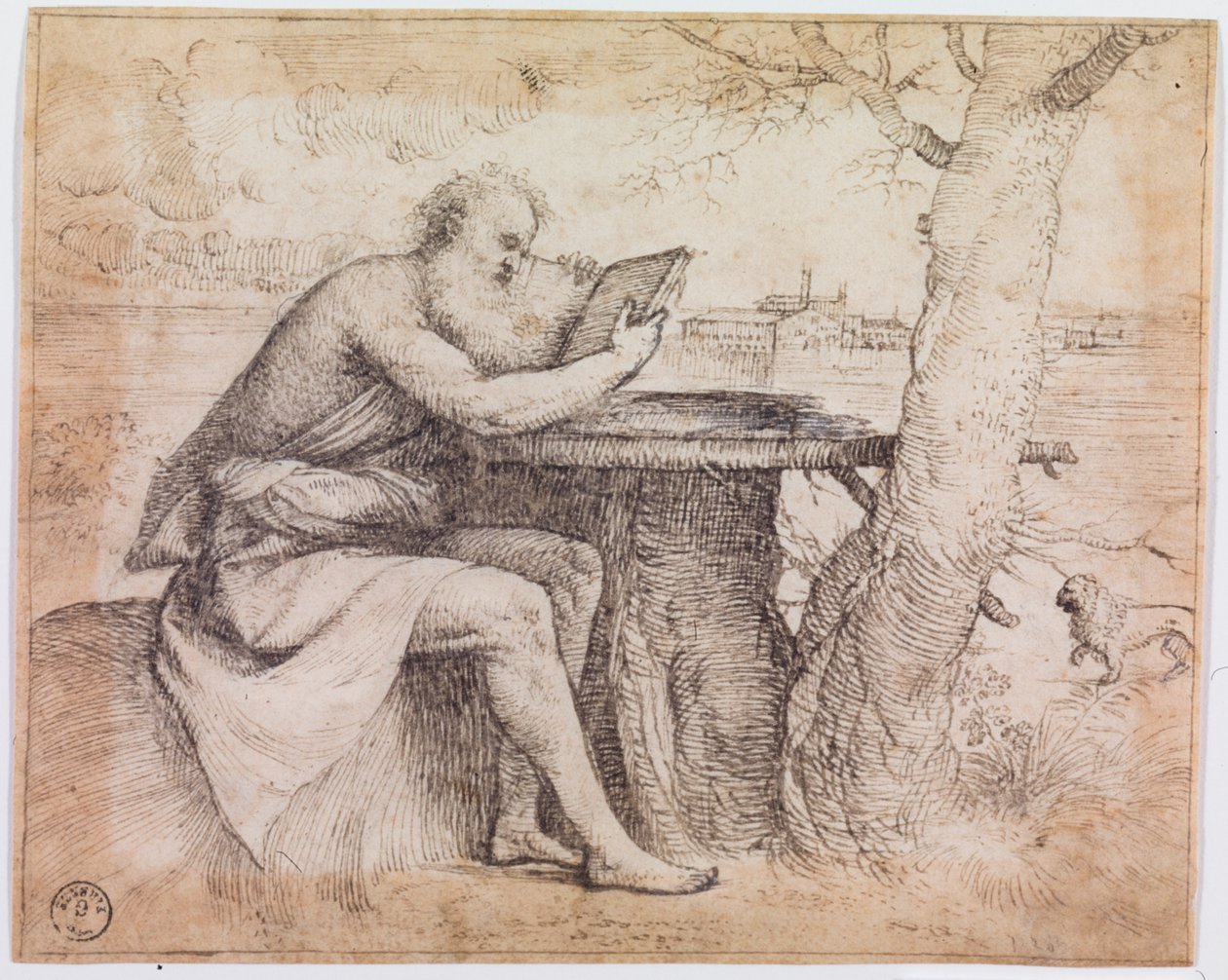 Sankt Hieronymus i et landskab (pen og blæk på papir) af Titian (c.1488 1576)