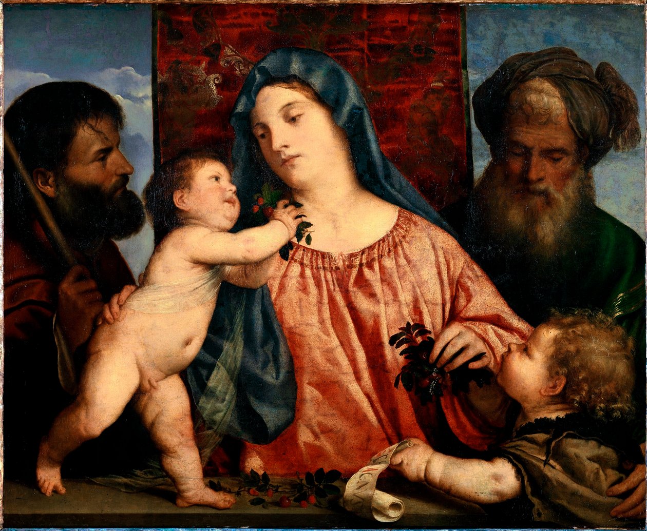 Kirsebærernes Madonna De hellige Josef, Zakarias og Johannes Døberen omgiver Maria og barnet. Maleri af Tiziano Vecellio kaldet Tizianen (ca. 1490-1576) 1515-1520 Søn. 81x99,5 cm Wien, Kunsthistorisches Museum, Østrig af Tiziano Vecelli