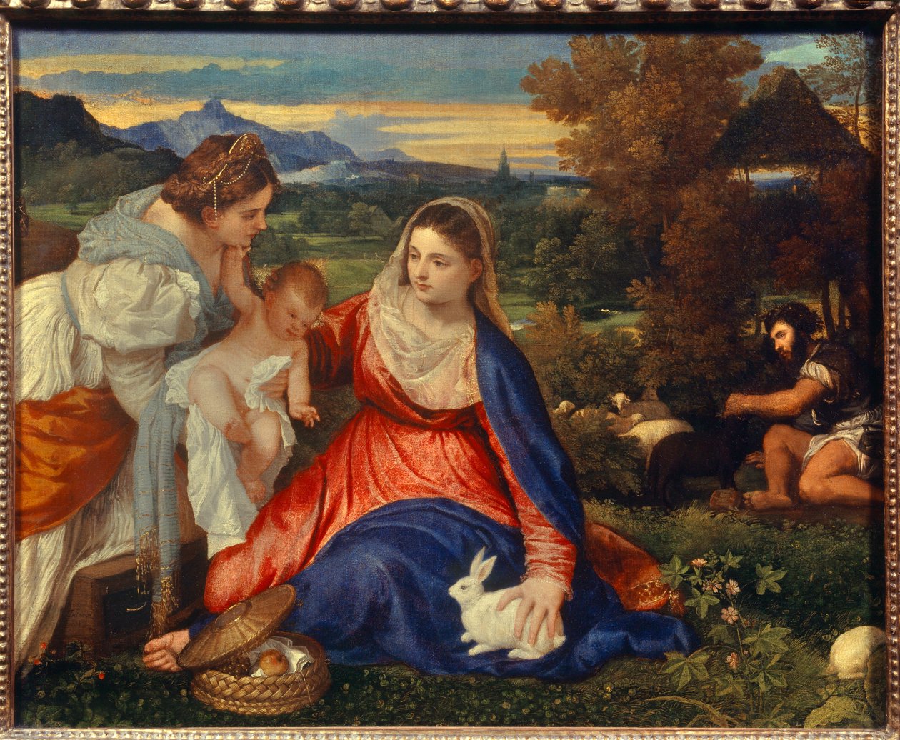 Jomfruen og barnet med den hellige Katarina eller Jomfruen med kaninen Maleri af Tiziano Vecellio dit le Titian (1485-1576) 1500-tallet søn. 0,71 x 0,87 m Paris, af Tiziano Vecelli