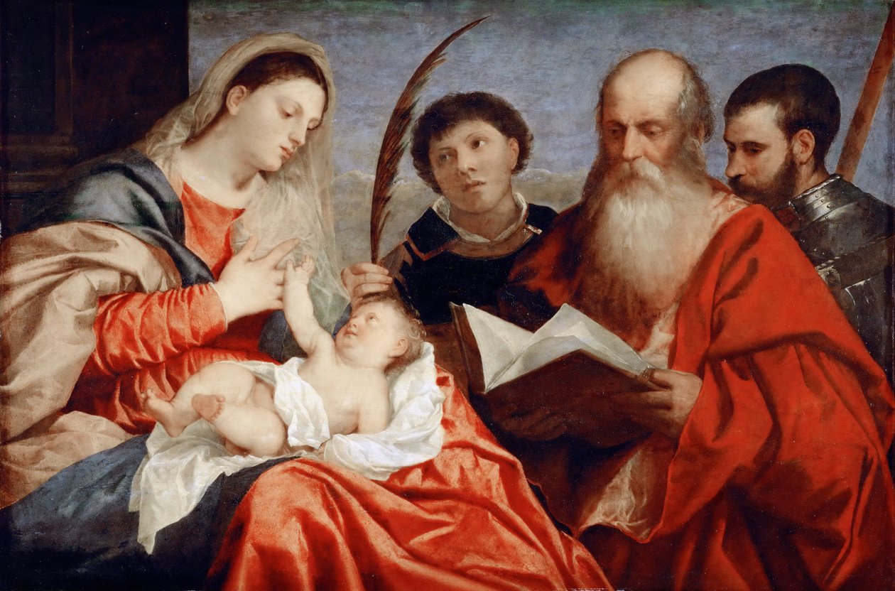 Jomfruen og barnet med de hellige Stephen, Hieronymus og Maurice - Tizian (1488-1576). Olie på træ, ca. 1520. Mål : 92,7x138 cm. Kunsthistorisk Museum, Vienne af Titian (c.1488 1576)