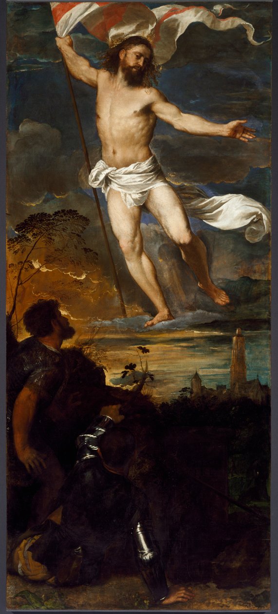 Det centrale panel genopstandelse af polytykonen Averoldi. Maleri på træ af Tiziano Vecellio kaldet Titian (ca. 1490-1576) Brescia fra det 16. århundrede, kirken for de hellige Nazzaro og Celso af Tiziano Vecelli