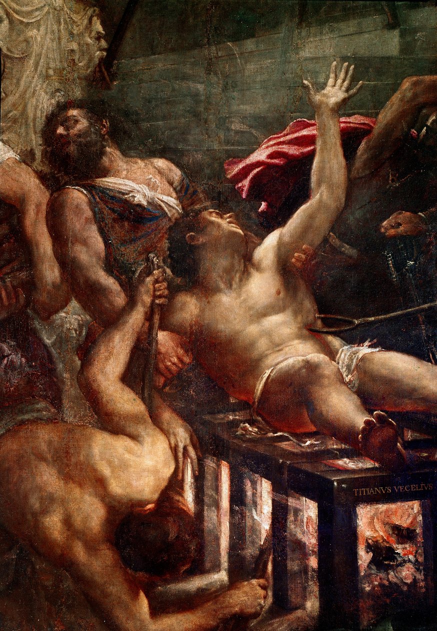 Saint Laurents martyrium Supplice of Saint Laurent på grillen i 258 i Rom. Detalje. Maleri af Tiziano Vecellio kaldet Tizianen (ca. 1490-1576) 1548-1559 Søn. 500x280 cm Venedig, Jesuiternes Kirke af Titian (c.1488 1576)