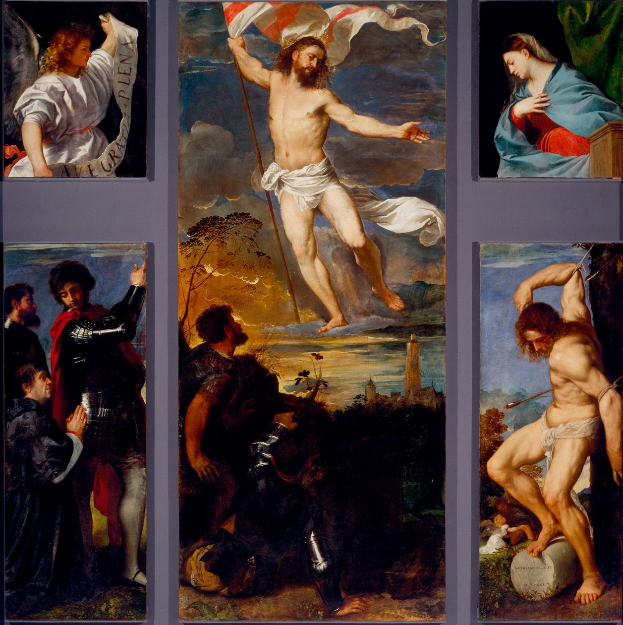 Opstandelsen "" Jomfruen"" "" Sankt Sebastian""" og sponsorerne. Paneler af Averoldi polyptykon. Maleri på træ af Tiziano Vecellio kaldet Titian (ca. 1490-1576) Brescia fra det 16. århundrede, kirken for de hellige Nazzaro og Celso af Titian (c.1488 1576)