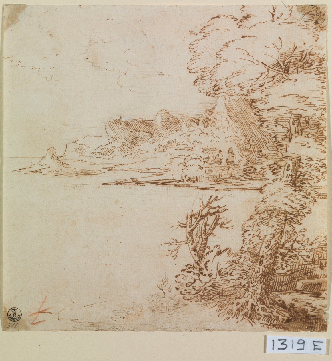 Udsigt over en bjergrig kyst (blæk på papir) af Titian (c.1488 1576)