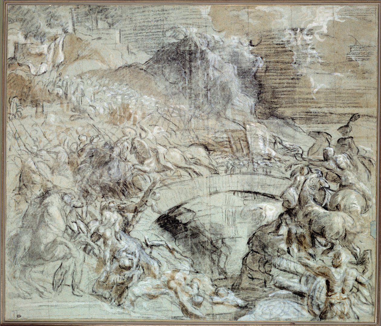 Wars of Italy: "" Slaget ved Cadore""" Slaget, hvor byen Pieve di Cadore omkring 1508 allierede sig med venitianerne med tropperne fra Maximilian I af Habsburg. Tegning med sort sten og vask af Tiziano vecellio (1485-1576) kaldet Tizian. 16 af Tiziano Vecelli