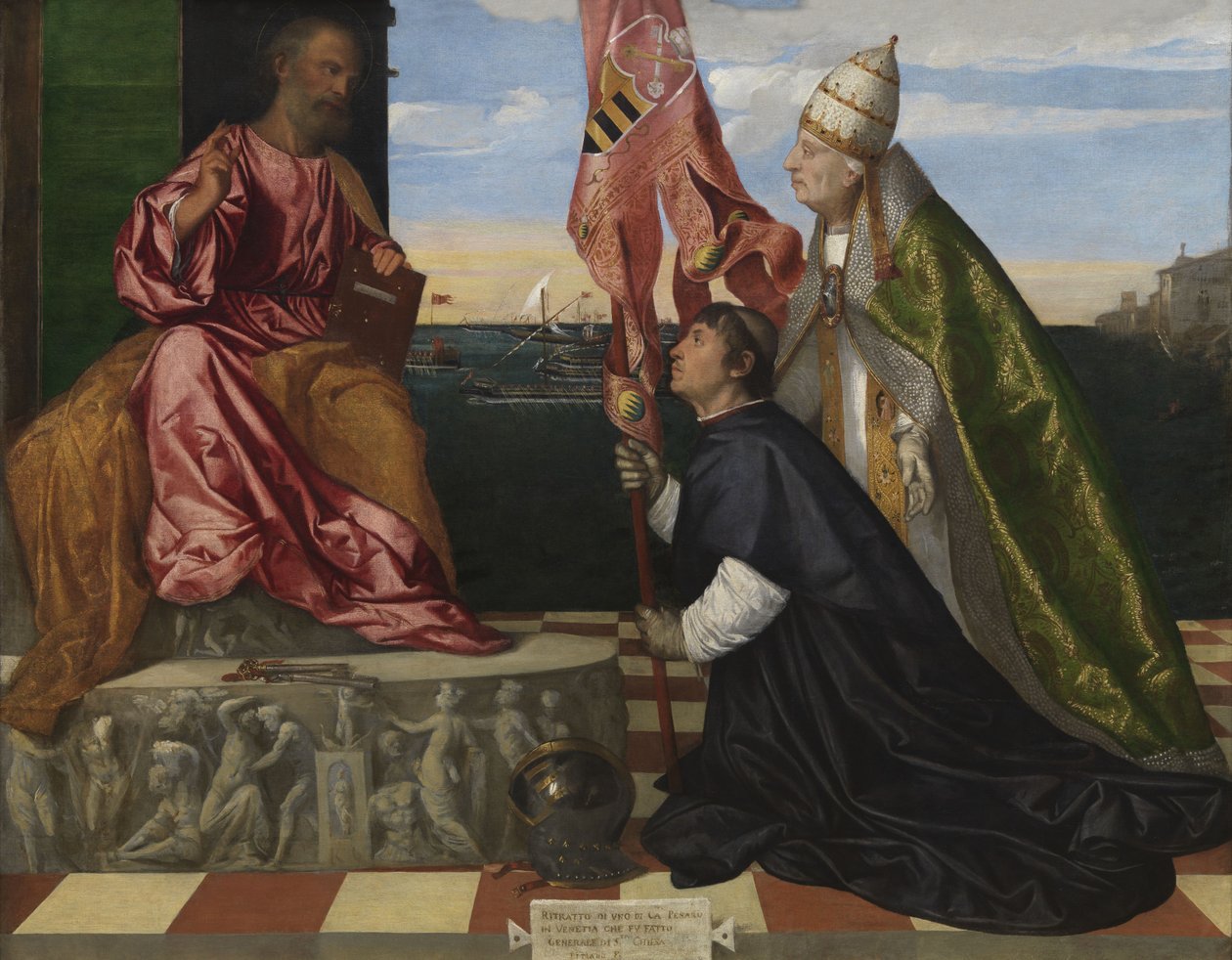 Hollandsk: Jacopo Pesaro, biskop af Paphos, bliver præsenteret af pave Alexander VI Borgia til Sankt Peter Jacopo Pesaro, biskop af Paphos, bliver præsenteret af pave Alexander VI til Sankt Peter af Titian