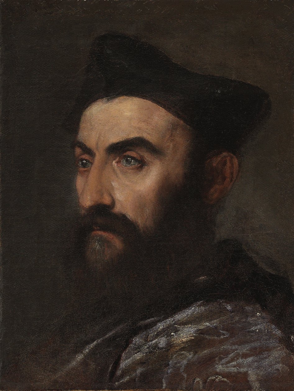 Portræt af en gejstlig, brystlængde, i blå frakke og sort hat - et fragment af Tiziano Vecelli
