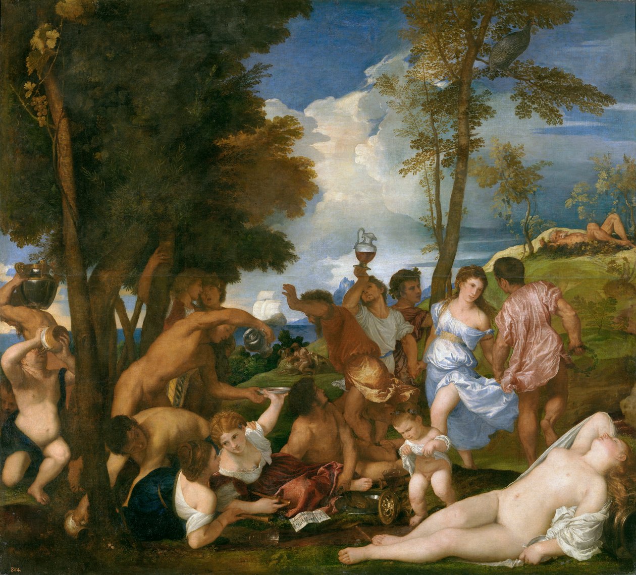 Spansk:  La bacanal de los andrios Andrianernes bacchanal af Titian
