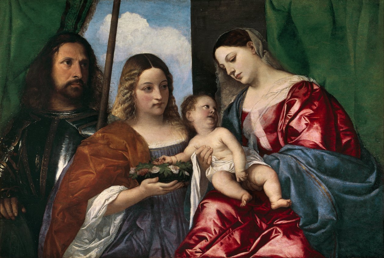 Jomfruen og barnet med Saint Dorothy og Saint George, 1515-18 af Tiziano Vecelli