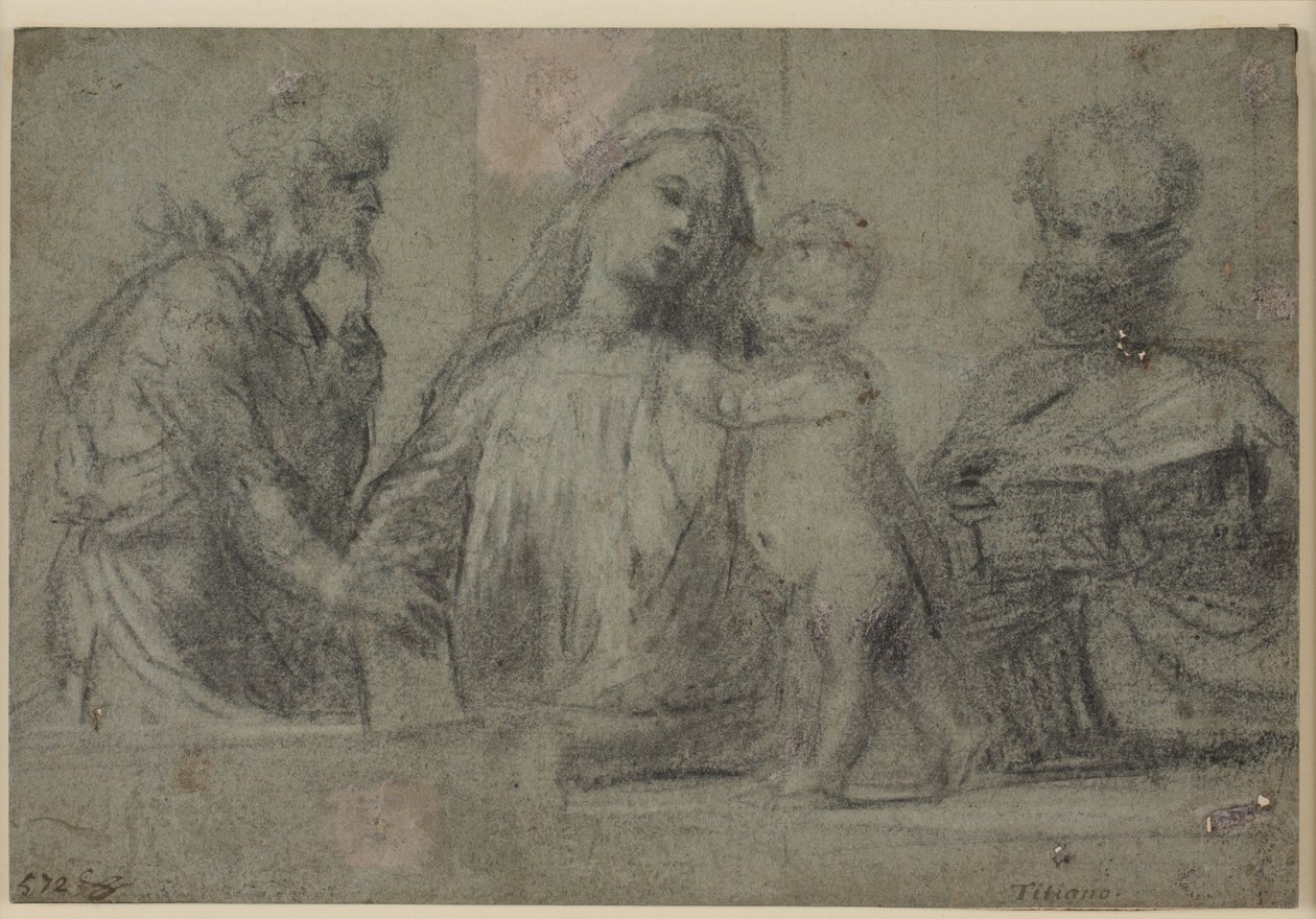 Halvlange figurer af en madonna og et barn flankeret af Johannes Døberen og Peter af Tizian