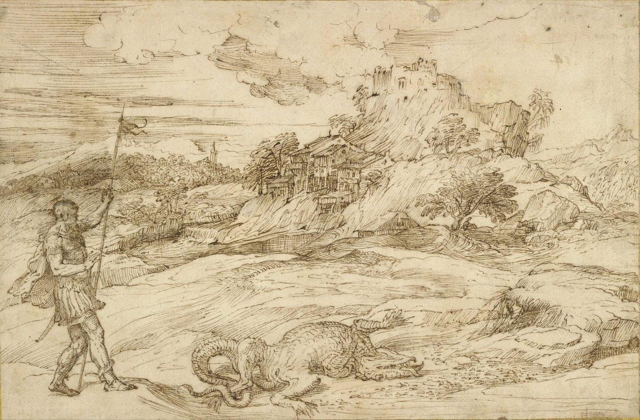 Landskab med St. Theodore Overvinde dragen af Tiziano Vecelli