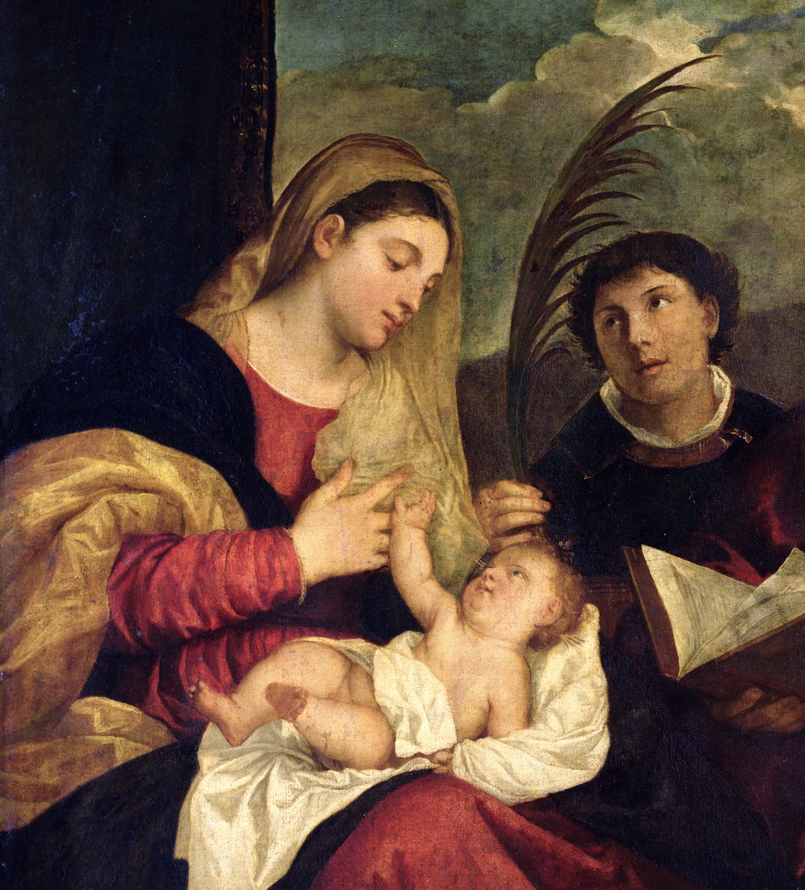 Madonna og barn med SS. Stephen, Jerome og Maurice (detalje af 108505) af Tiziano Vecelli