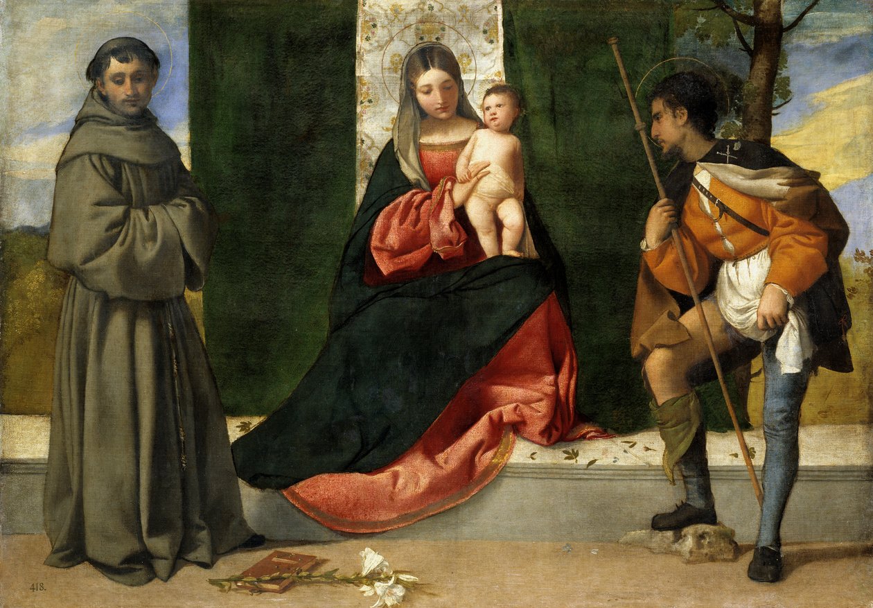 Jomfruen og barnet mellem Saint Anthony of Padua og Saint Roque af Tiziano Vecelli
