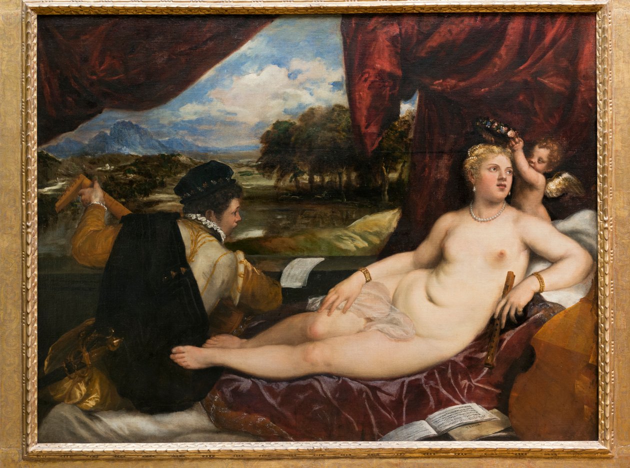 Venus og Amor med en lutspiller, 1555-65 af Tiziano Vecelli