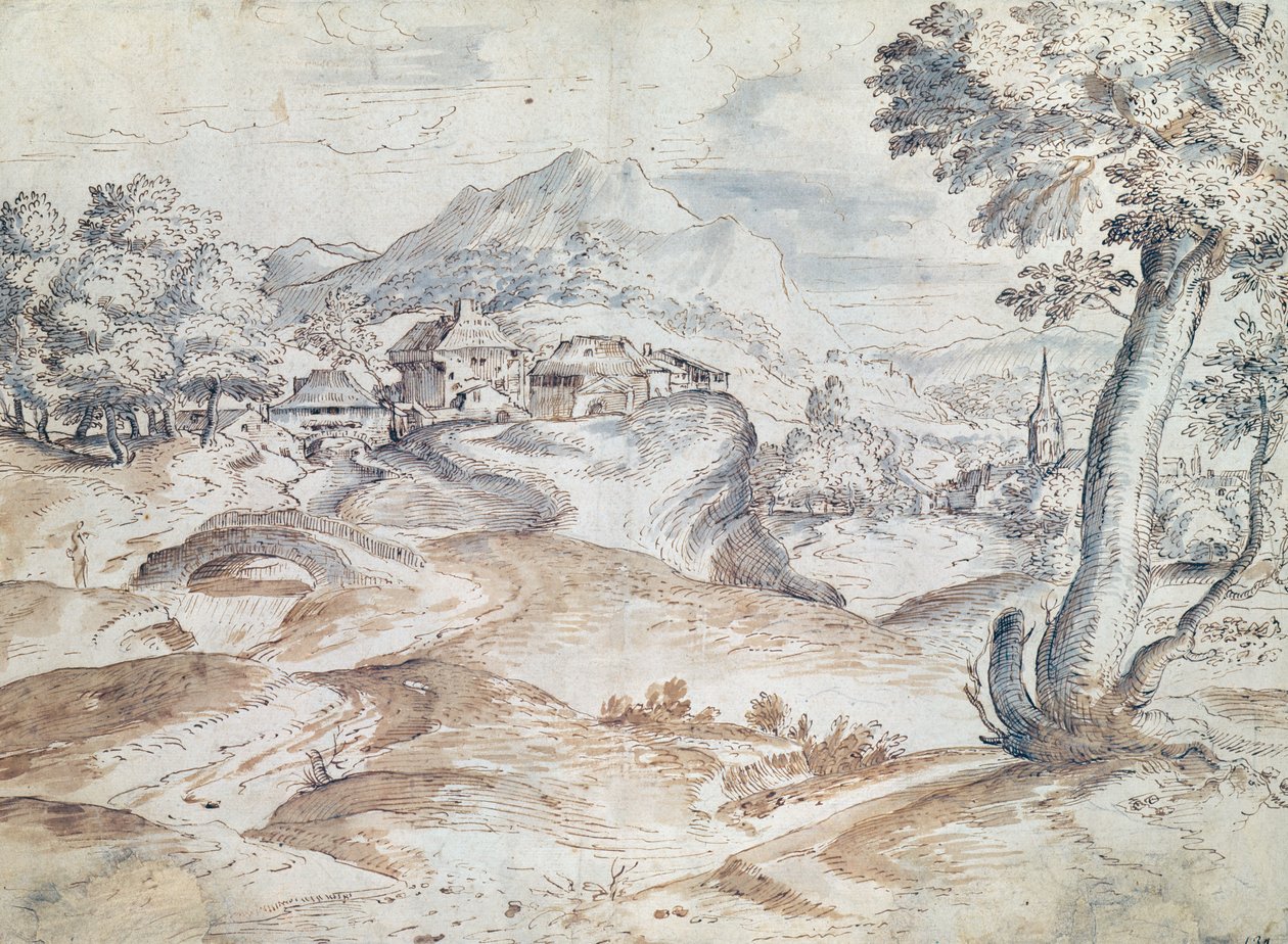 Skovklædt landskab med landsby og kirke (vask og blæk på papir) af Tiziano Vecelli