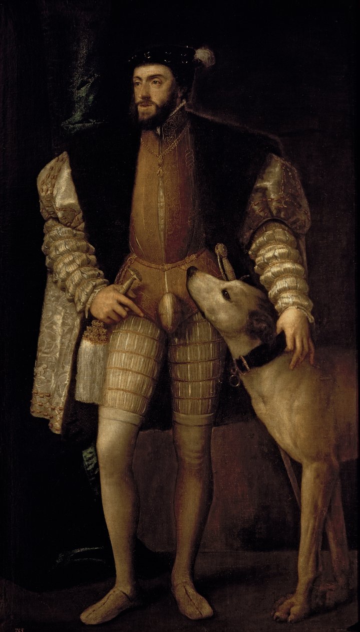 Charles V (1500-58) hellig romersk kejser og konge af Spanien med sin hund, 1533 af Tiziano Vecelli