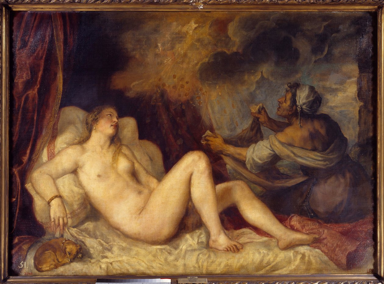 Danae modtager guldregnen Zeus kommer til Danae for at forføre den i form af en regn af guldmønter. Maleri af Tiziano Vecellio kaldet Tizianen (1488-1576) 1553 Søn. 1,29x1,8 m Madrid, Prado-museet af Tiziano Vecelli