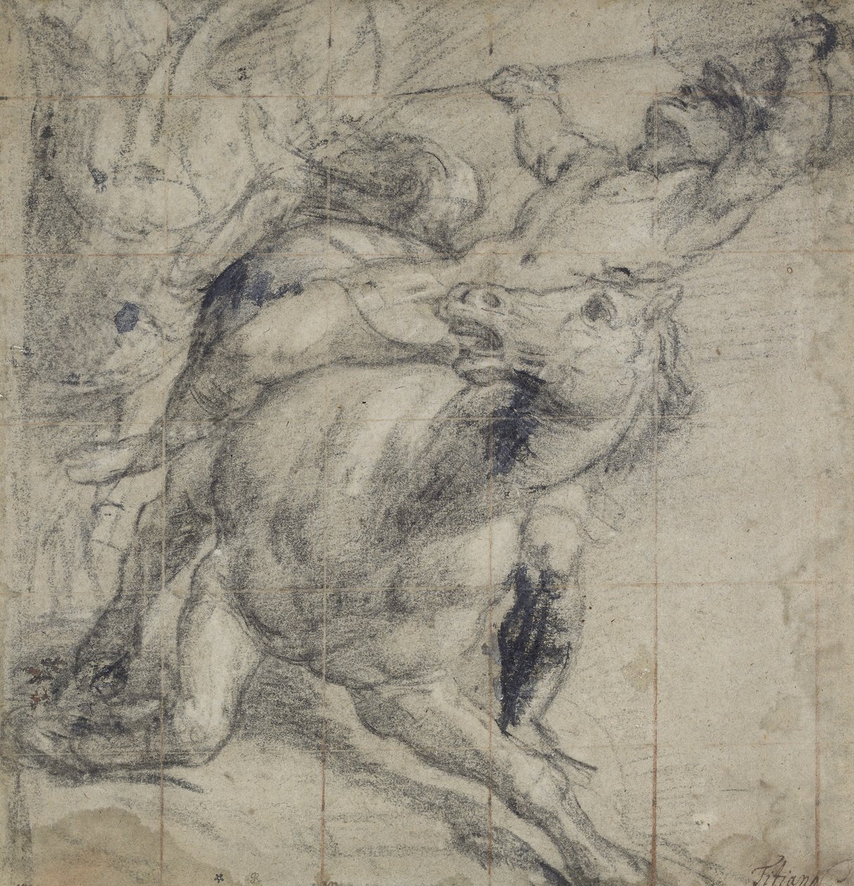 Hest og rytter falder, ca. 1537 (sort kridt på gråt papir) af Tiziano Vecelli