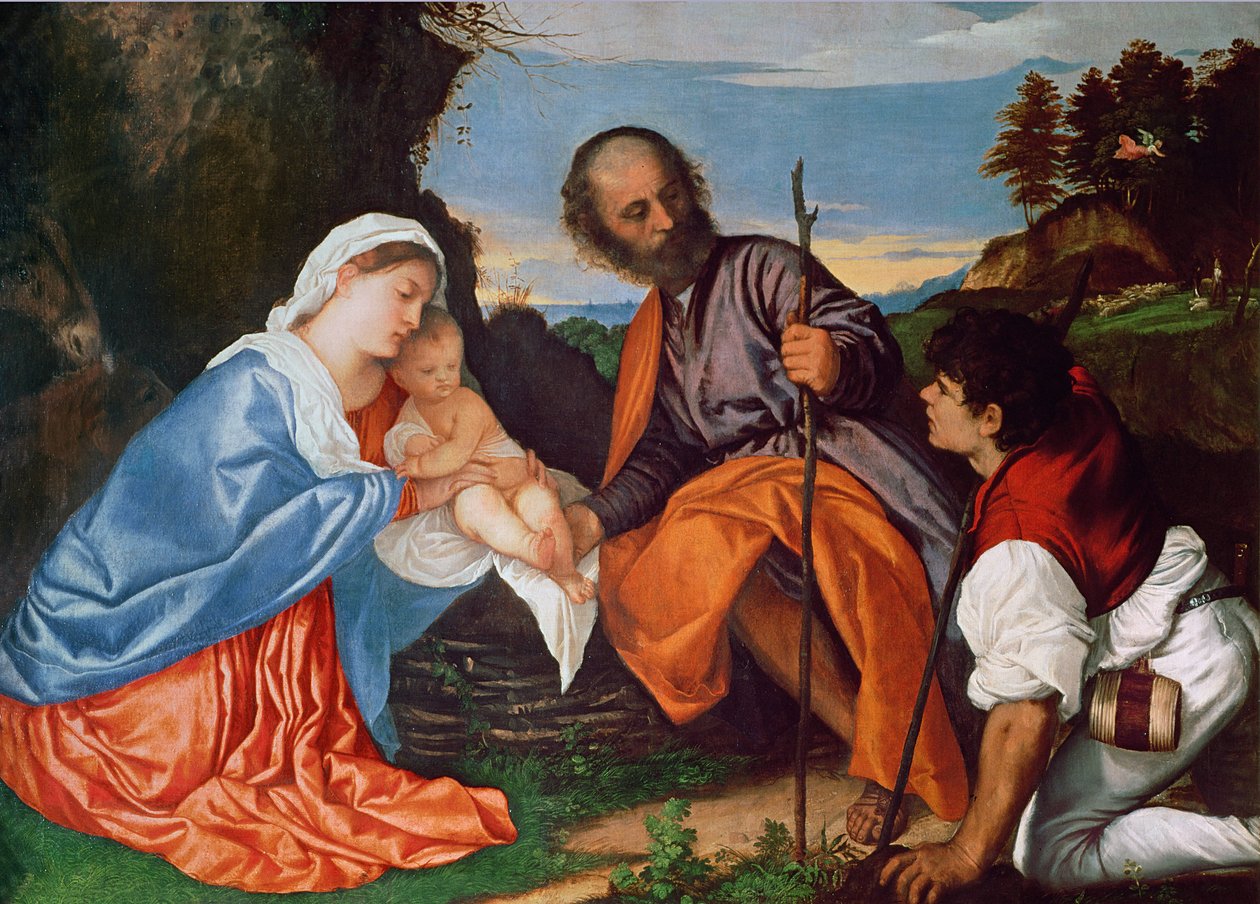 Den hellige familie og en hyrde, ca. 1510 af Tiziano Vecelli