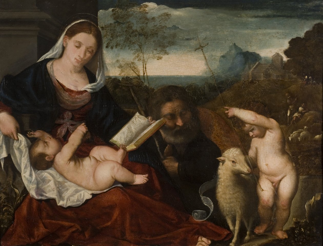 Den hellige familie med Sankt Johannes af Tiziano Vecelli
