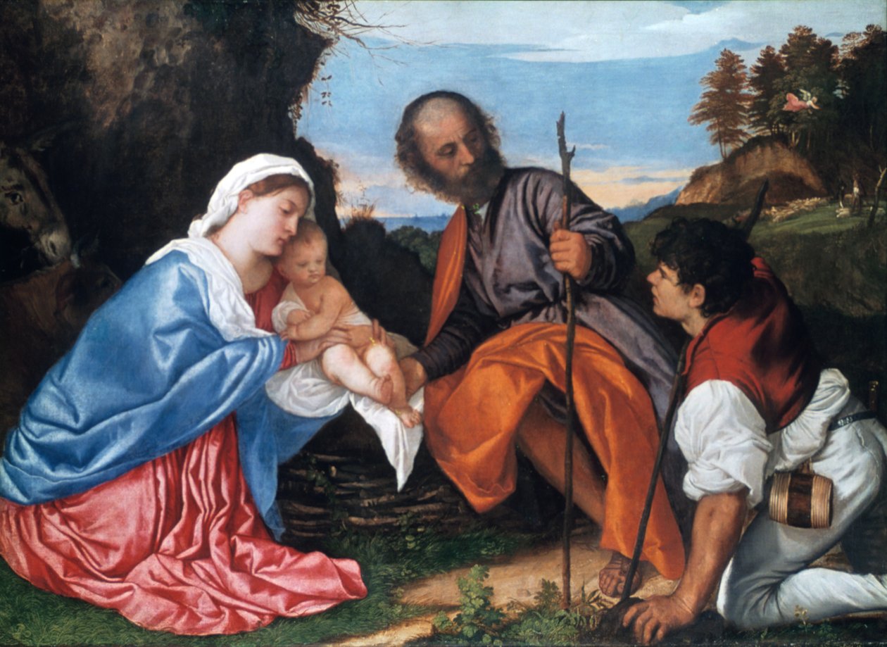 Den hellige familie med en hyrde, c1510 af Tiziano Vecelli