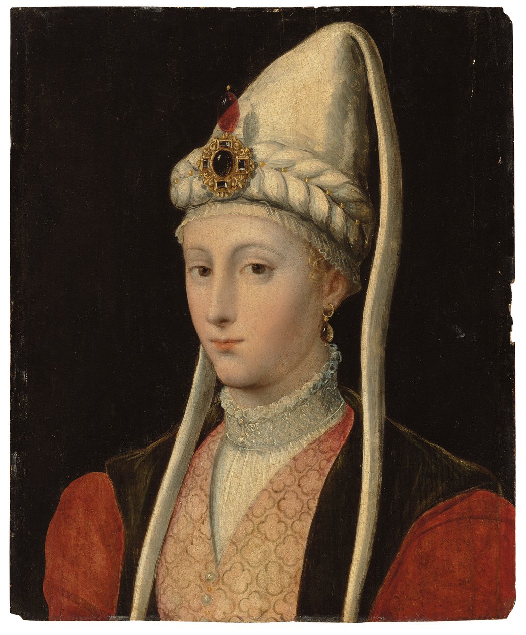 Portræt af en kvinde, muligvis Haseki Hürrem Sultan, kaldet Roxelana, bustelængde, i osmannisk kostume, med en hovedbeklædning med juveler af Tiziano Vecelli