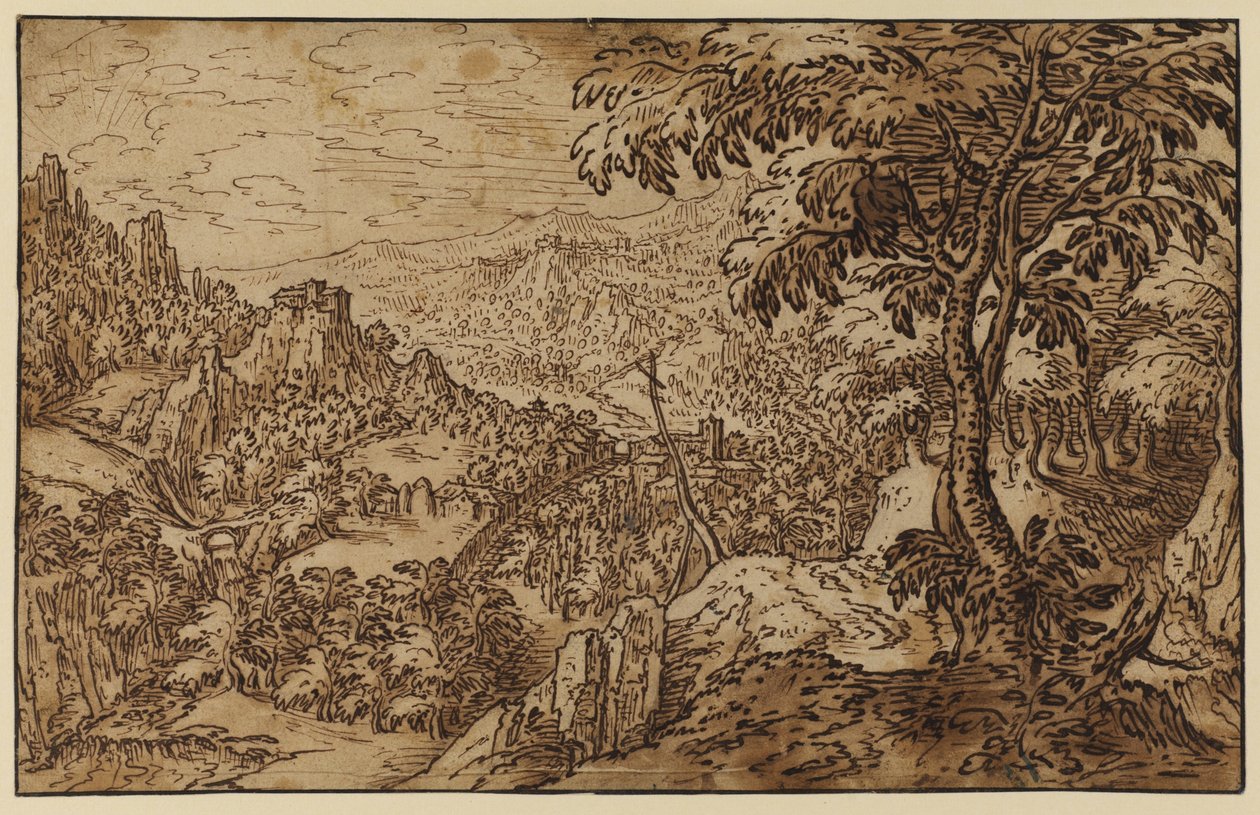 Bjerglandskab med et kors (pen og blæk med wc på papir) af Tobias follower of Verhaecht
