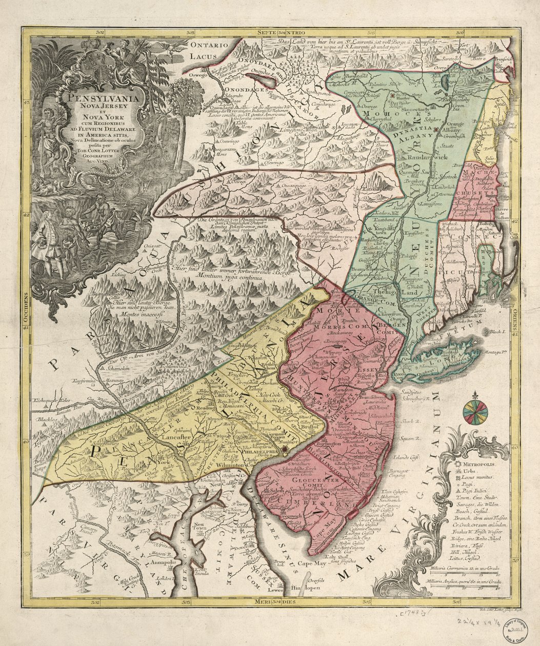 Relief vist billedmæssigt. Dækker også New England (forvrænget) og det nordlige Chesapeake-område. Titel på latin; noter på tysk og latin; legende på latin, tysk og engelsk. Uidentificeret meridian. Provinser angivet af kol. vasker; provins og amt bo af Tobias Conrad Lotter
