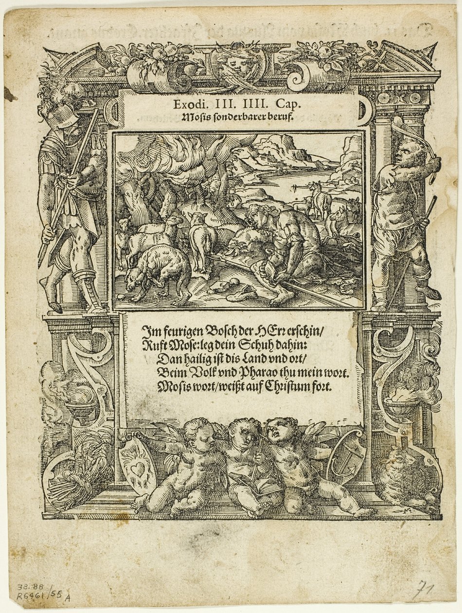 Moses and the Burning Bush (recto) og The Infant Moses Put into the River (verso) fra Neue künstliche Figuren biblischer Historien, plade 55 fra Træsnit fra Books of the XVI Century af Tobias Stimmer