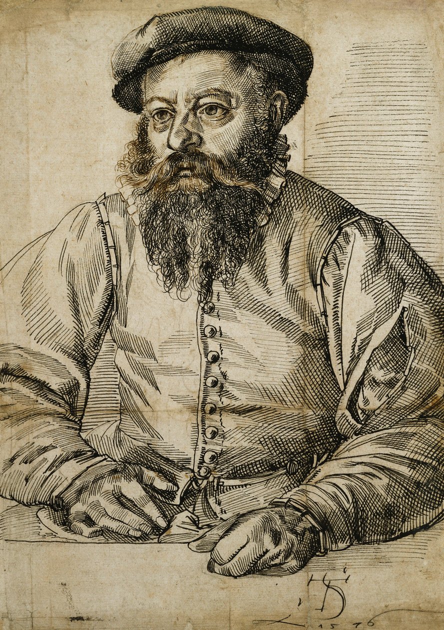 Portræt af en skægget mand, halvlængde, siddende ved et bord, af Tobias Stimmer