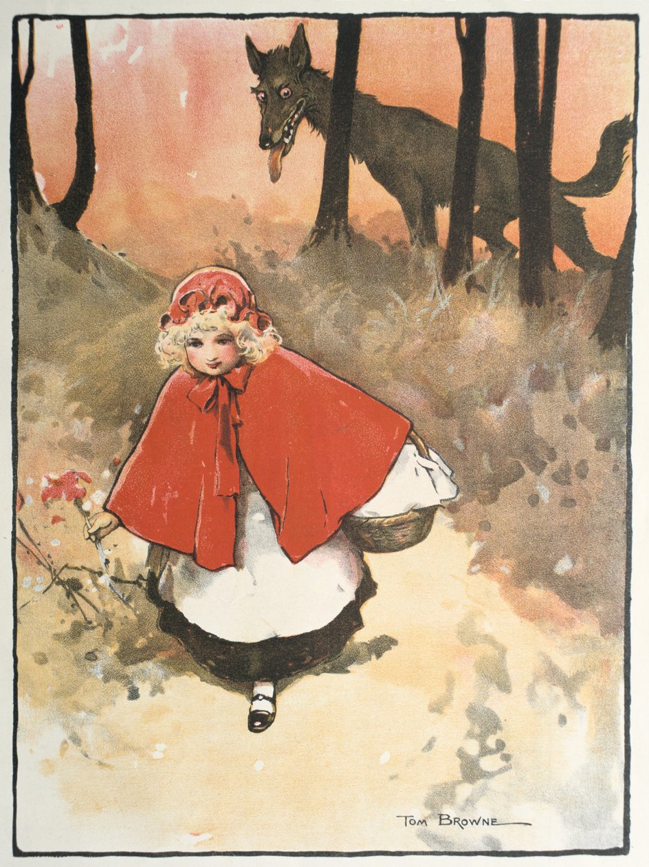 Rødhætte på vej til sin bedstemor observeret af en ondskabsfuld, skælmsk ulv. Illustration af Tom Browne (1872-1910) til eventyret. Udgivet 1900 af Tom Browne