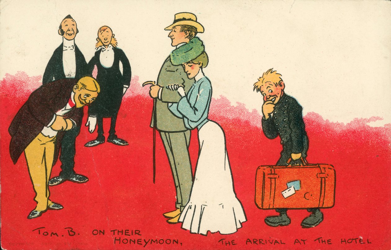 På bryllupsrejse, ankomsten til hotellet (farvelitografi) af Tom Browne