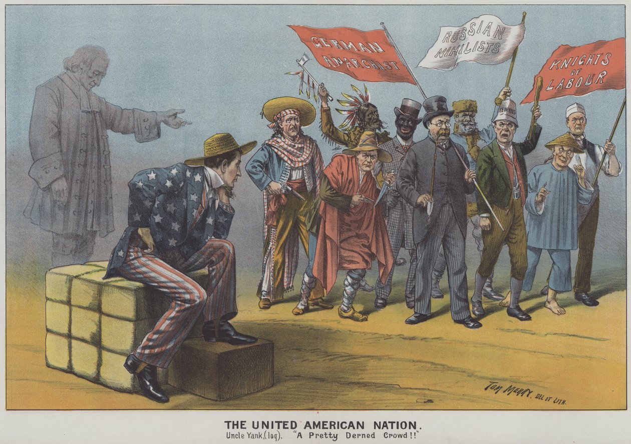 The United American Nation, satire over indvandrernes mangfoldighed i det 19. århundredes amerikanske samfund (farvelitografi) af Tom Merry