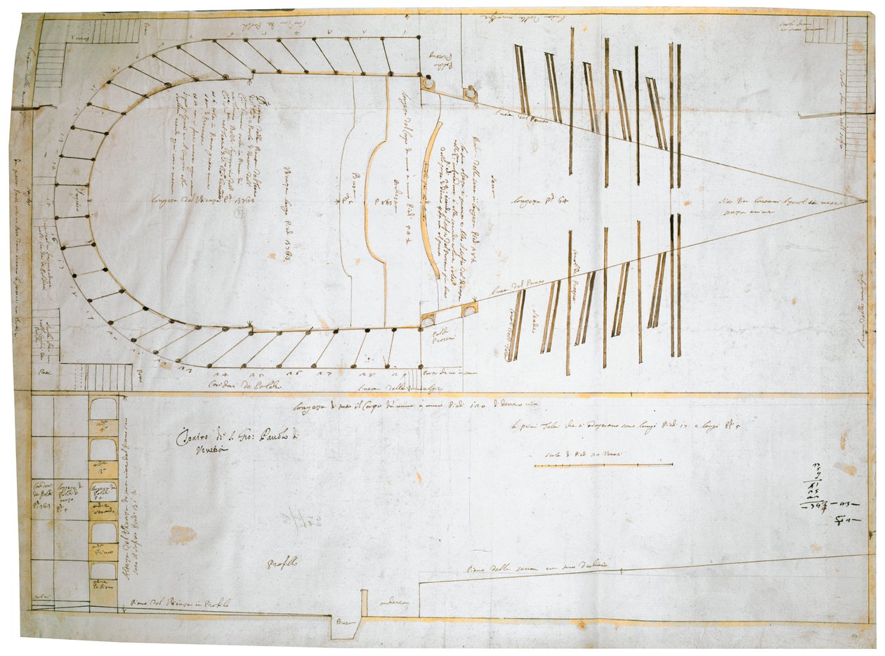 Plantegning for Teatro Santi Giovanni e Paolo i Venedig, designet af Carlo Fontana, 1654 (blæk i papir) af Tomaso Bezzi