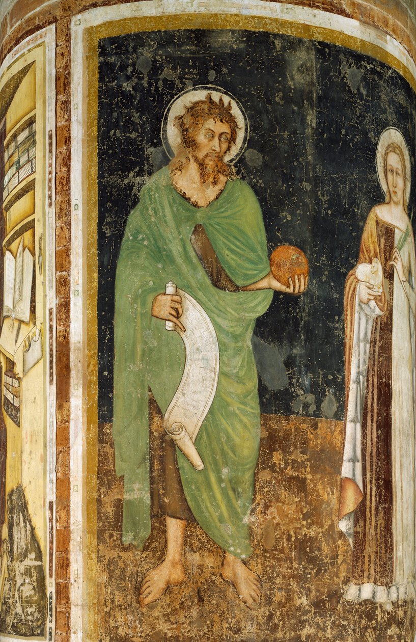 St Agnes og St John Baptist, detalje fra søjle dekoreret af Tommaso da Modena (1325 eller 1326-før 1379), fresco, St Nicholas Church, Treviso, Italien af Tomaso da (late 15th century) Modena