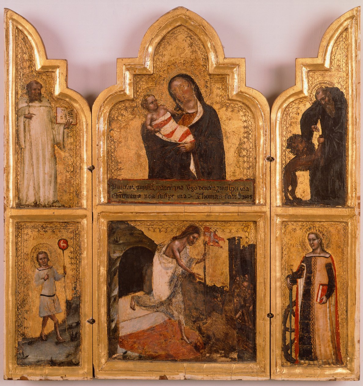 Polyptikon af træ, guld med Jomfru og Barn, Kristi opstandelse og de hellige, af Tommaso da Modena (1326-1379). af Tomaso da (late 15th century) Modena