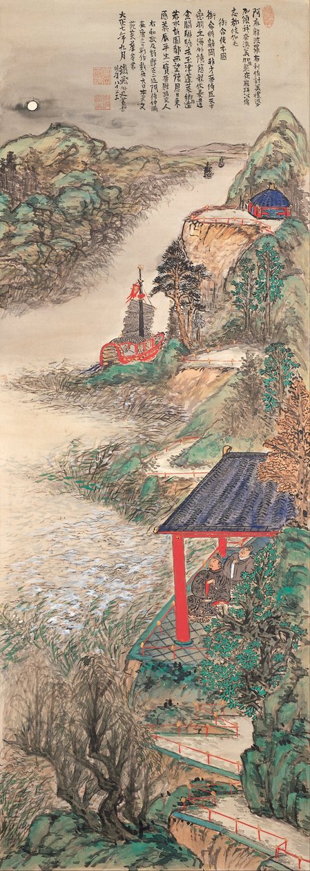 Abe-no-Nakamaro skriver et nostalgisk digt, mens han ser på månen af Tomioka Tessai