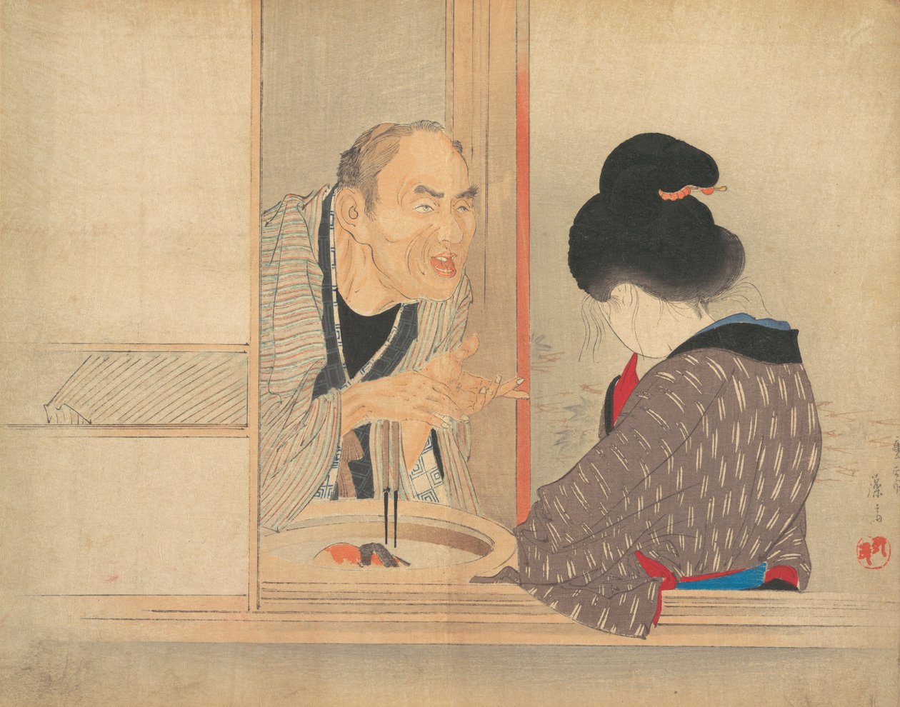 En skældende Ochiyo, illustration fra Bugei Kurabu Literary Club. af Tomioka Eisen