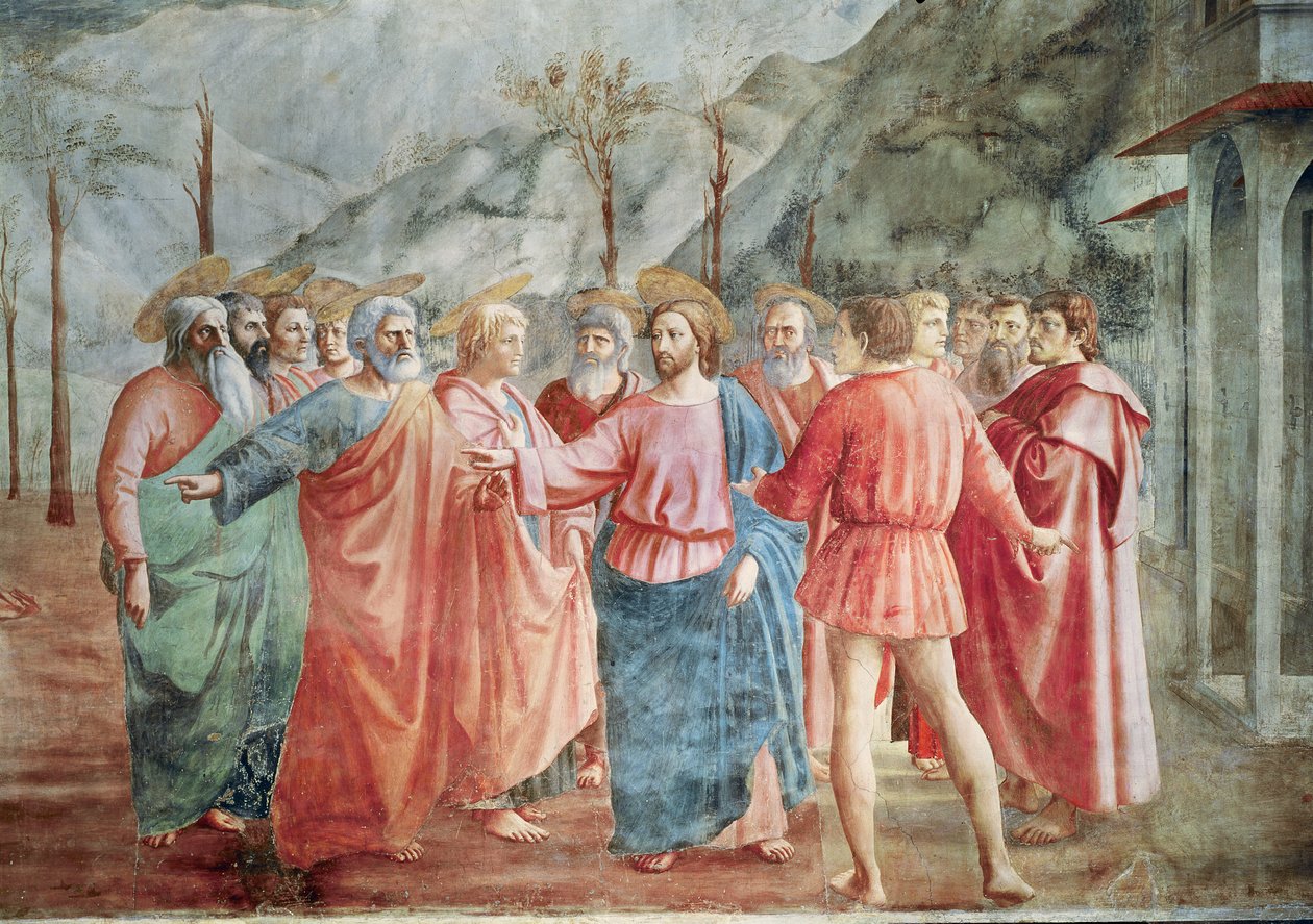 Detalje af Kristus og hans disciple, fra Tributepengene, ca. 1427 (detalje af 31642) af Tommaso Masaccio