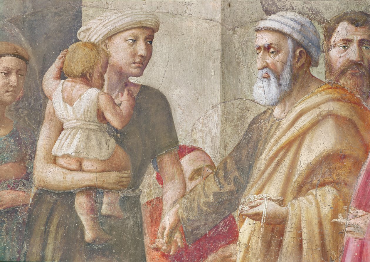 Detalje af St. Peter og kvinden og barnet, fra St. Peter og St. Paul Distributing Alms, ca. 1426 (fresco) (detalje af 57194) af Tommaso Masaccio