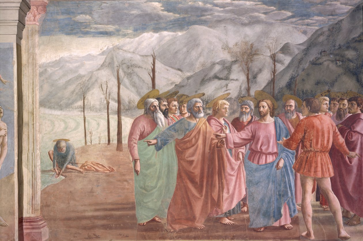 Hyldestpengene, fra Brancacci-kapellet, ca. 1426 (detalje af 31642) af Tommaso Masaccio