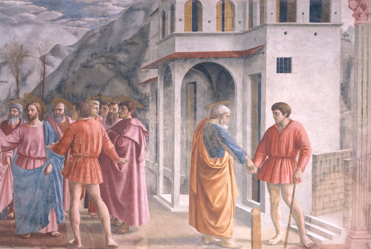 Hyldestpengene, fra Brancacci-kapellet, ca. 1426 (detalje af 31642) af Tommaso Masaccio