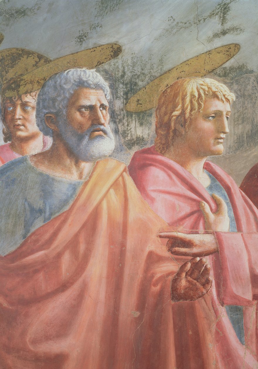 Tribute Penge: Peter, som Kristus befalede at fange en fisk, og også den hellige Johannes Evangelisten, ca. 1427 af Tommaso Masaccio