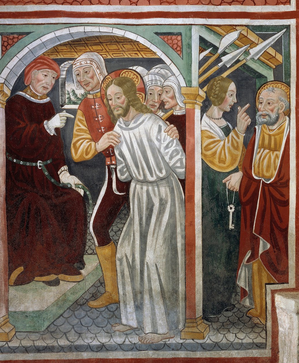 Jesus før ypperstepræst, Peter og tjenestepige af Tommaso (active 1479 1509) (workshop) Cagnola