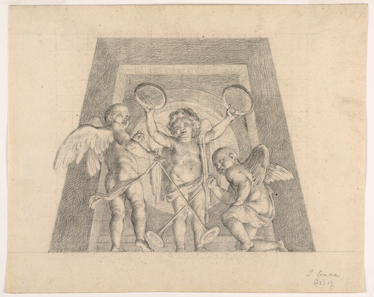 Tre Putti med tamburiner og trompeter, Design til Lunette af Sala delle Muse, Museo Pio-Clementino, Vatikanet af Tommaso Maria Conca
