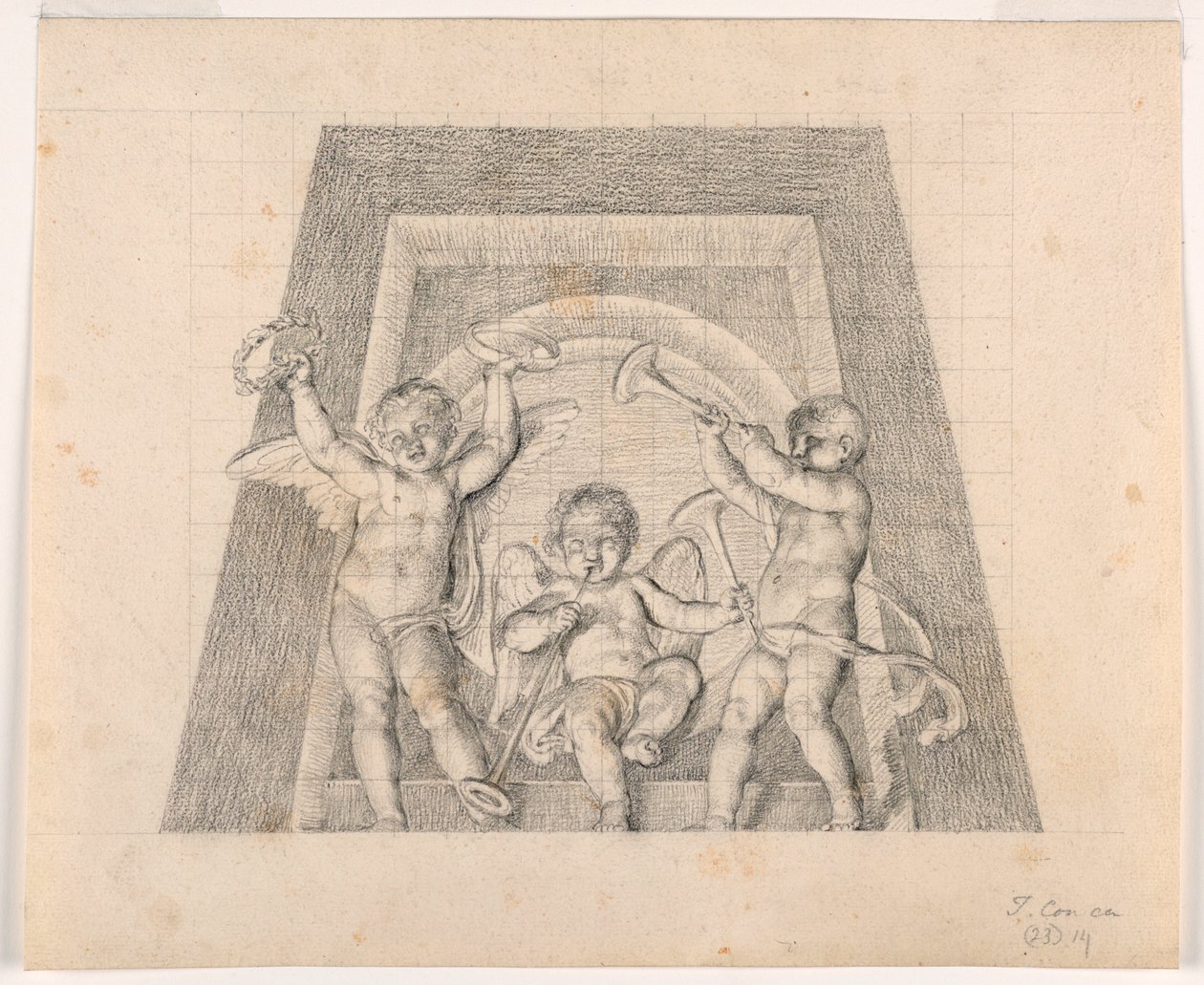 Tre Putti med trompeter, Design til Lunette fra Sala delle Muse, Museo Pio-Clementino, Vatikanet af Tommaso Maria Conca